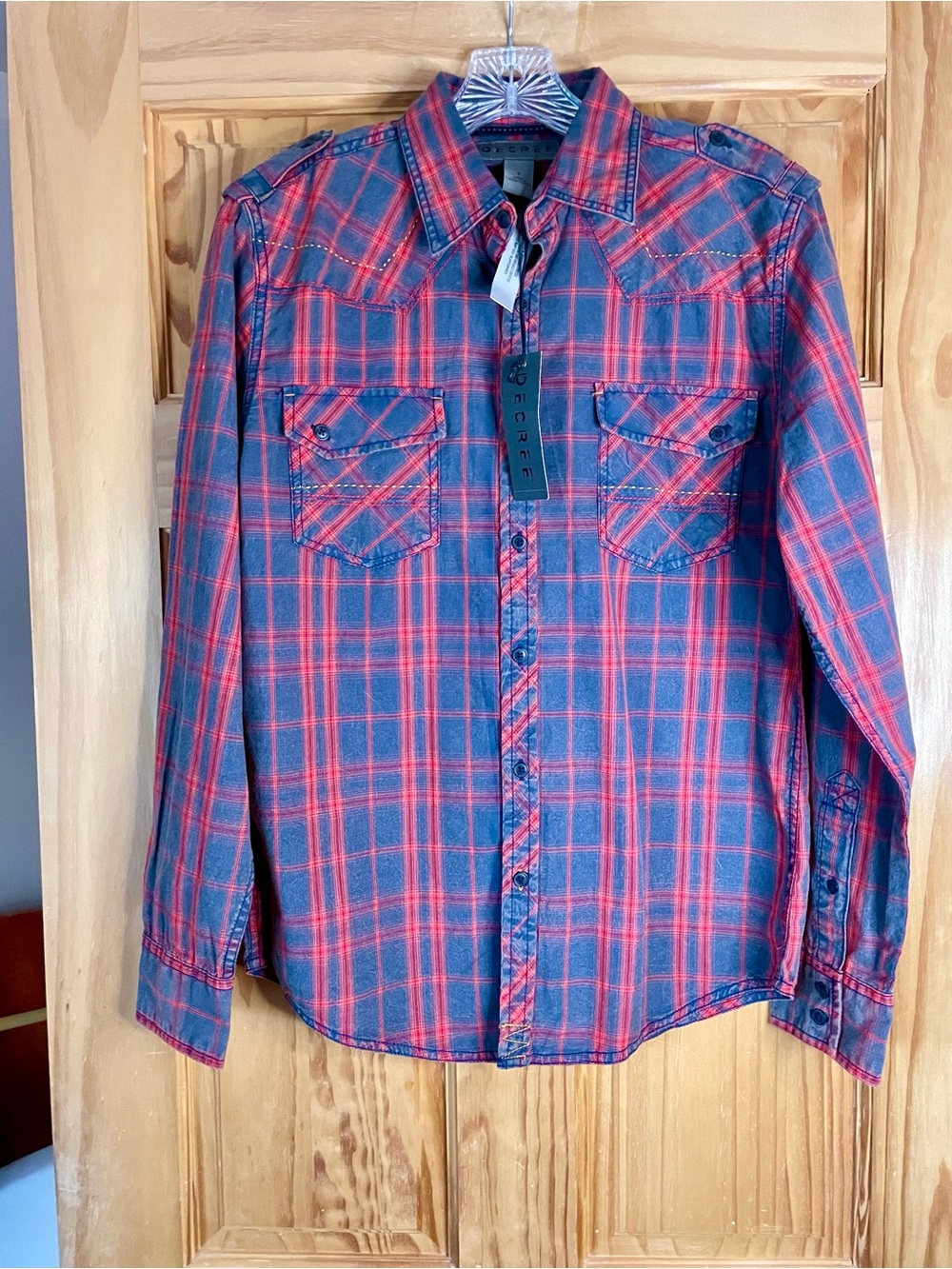 NWT Men's Plaid Button-Up Shirt - Red & Charcoal